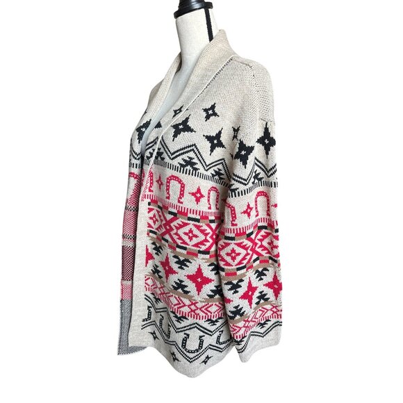 NWT Lucky Brand Tan Red Horseshoe Western Cardigan Sweater Open Front Size XL - Picture 8 of 10